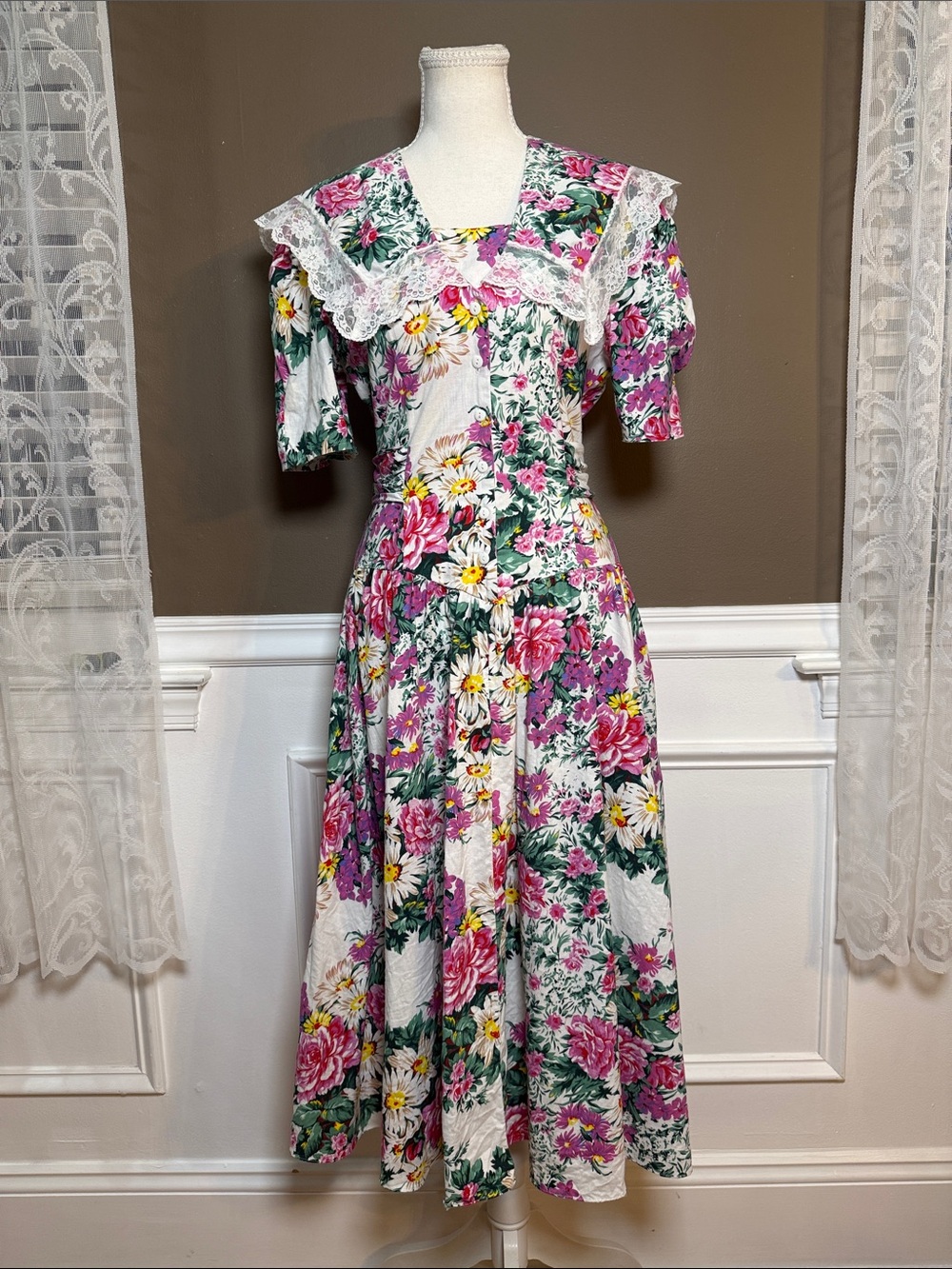 Vintage Joni Blair Floral Cotton‎ Midi Dress Lace Sailor Collar Garden Party 9